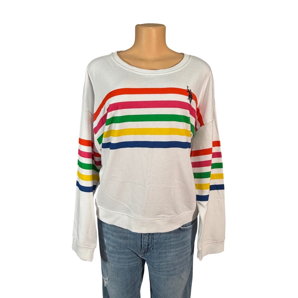 U.S.‎ Polo Assn. Sweatshirt Womens XXL White Good Rainbow Stripe Logo Pullover